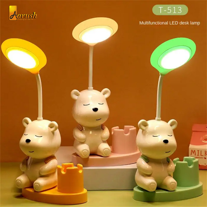 Cartoon Bear Eye Protection Learning LED Rechargeable Table Lamp Creative Dormitory Bedroom Night Light with Pen Holder and Pencil Sharpener