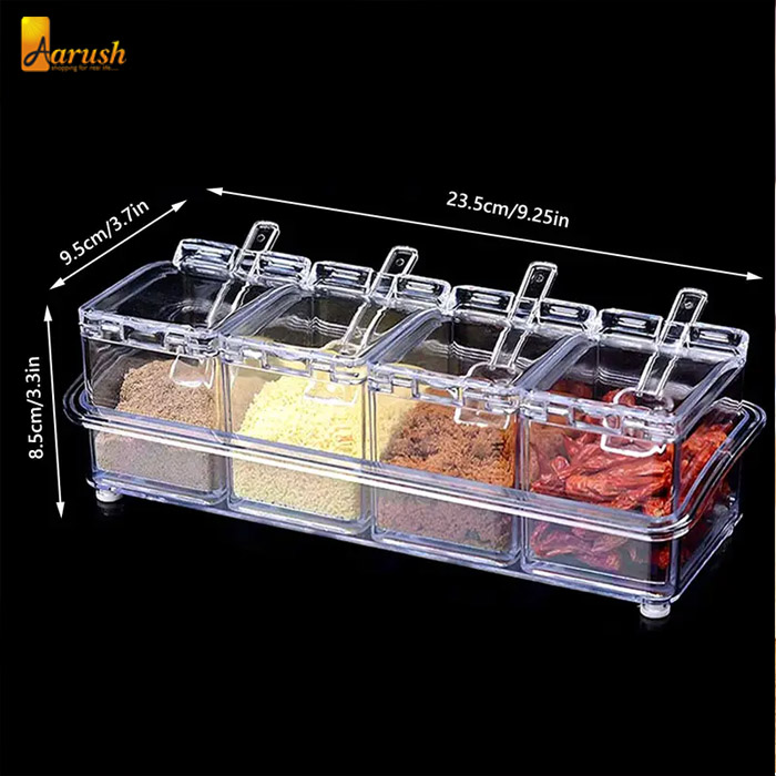Transparent Multi-Function 4 in 1 Plastic Grid Spice Box with Cover and Spoon for Spice, Salt, Sugar, Cruet Set