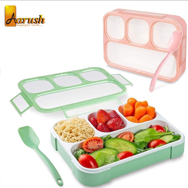 GETKO WITH DEVICE Leakproof 3 & 4 Compartment Plastic Lunch Box with Removable Divided Container for all, Office Lunch Box with Spoon