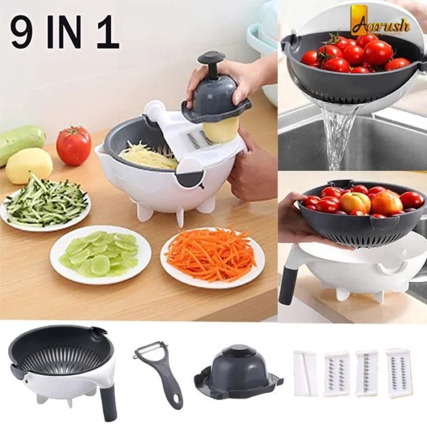 9 In 1 Multifunctional Magic Rotate Vegetable Cutter Machine With Drain Basket For Kitchen