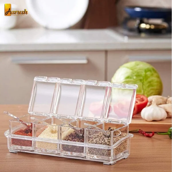 Transparent Multi-Function 4 in 1 Plastic Grid Spice Box with Cover