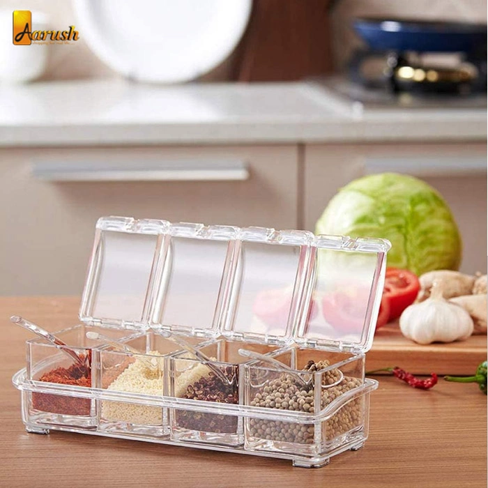 Transparent Multi-Function 4 in 1 Plastic Grid Spice Box with Cover