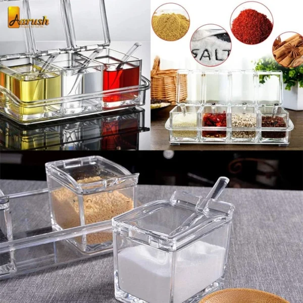 Transparent Multi-Function 4 in 1 Plastic Grid Spice Box with Cover