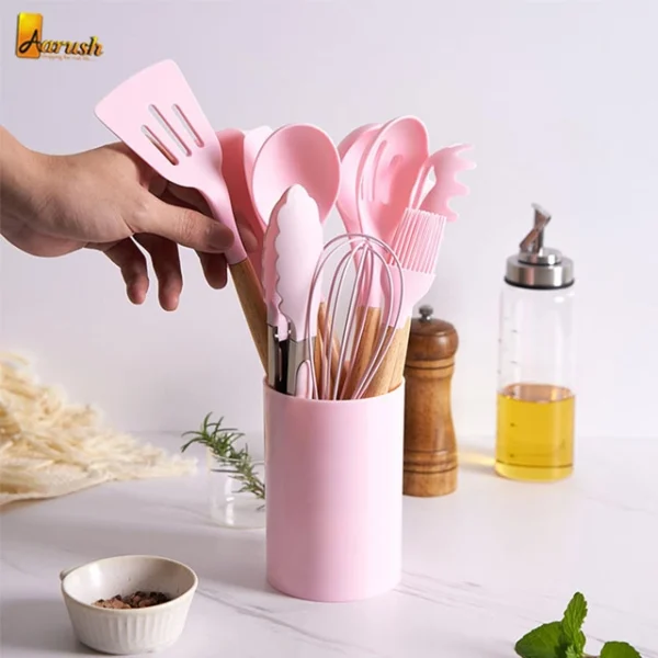 Silicon Spoon Set And Wooden Handles With Holder