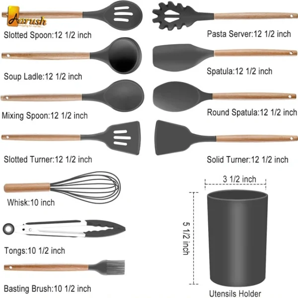 Silicon Spoon Set And Wooden Handles With Holder