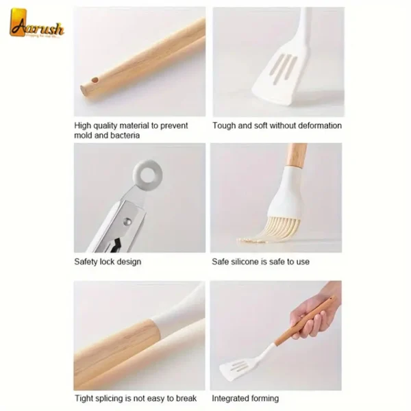 Silicon Spoon Set And Wooden Handles With Holder