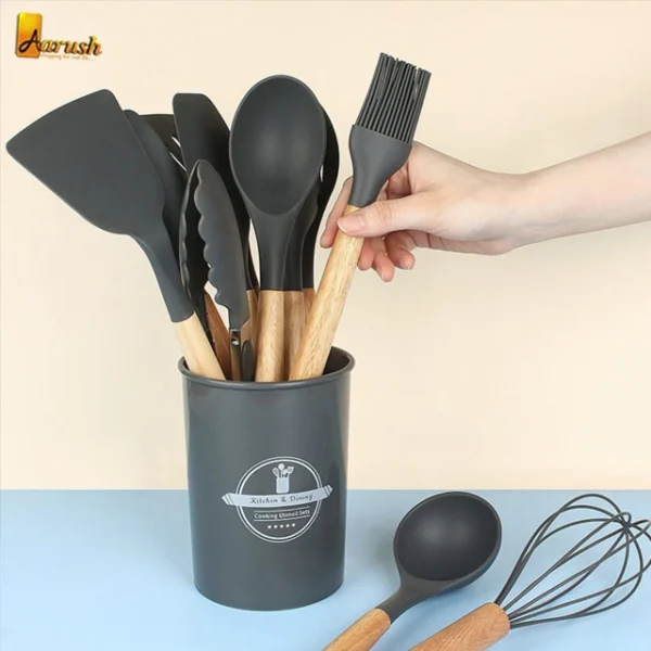 Silicon Spoon Set And Wooden Handles With Holder