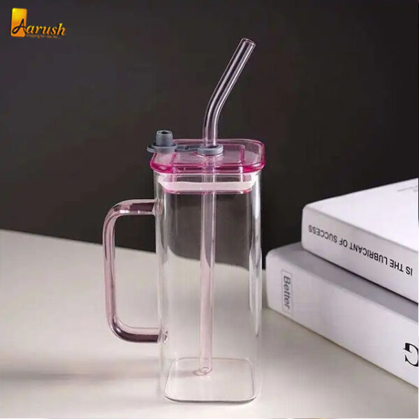 Glass Square Mug With Lids And Straws