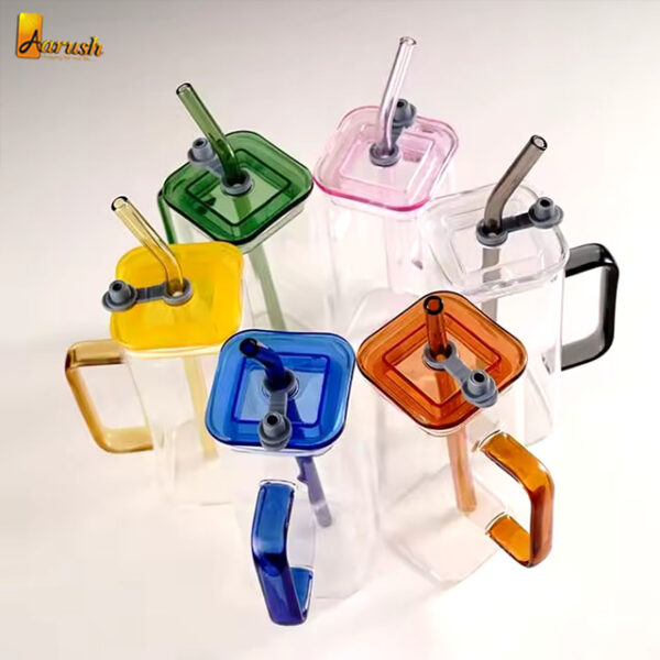 Glass Square Mug With Lids And Straws