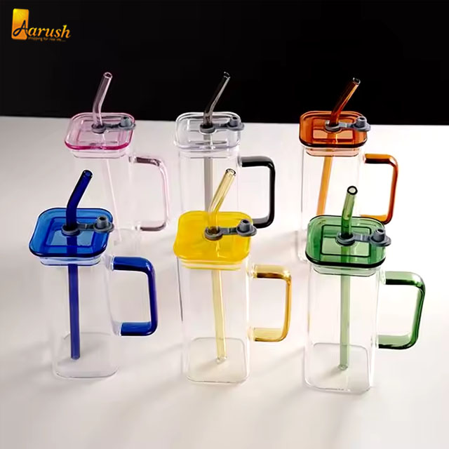 Glass Square Mug With Lids And Straws